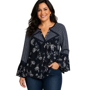 Style & Co Boho Top Womens Large Floral Striped Mixed Print Navy Bell Sleeves